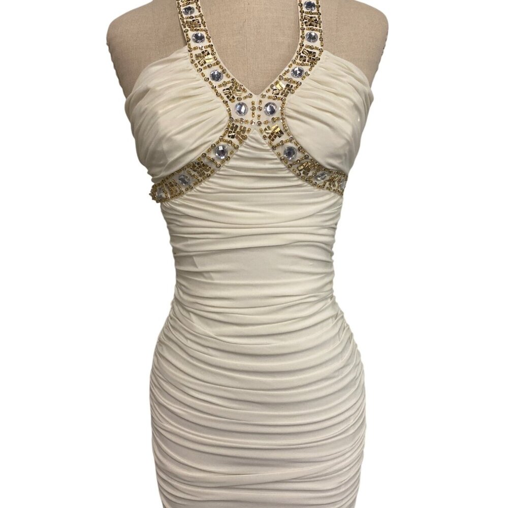 Hailey Logan By Adrianna Papell Ivory Ruched Mini Dress With Jeweled Halter Neck
